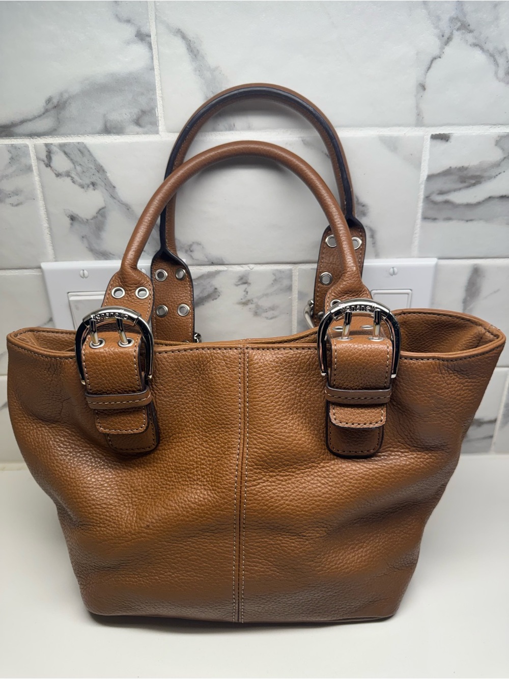 Tignanello Brown Pebbled Leather Tote Shoulder Bag Silver Buckles⁠